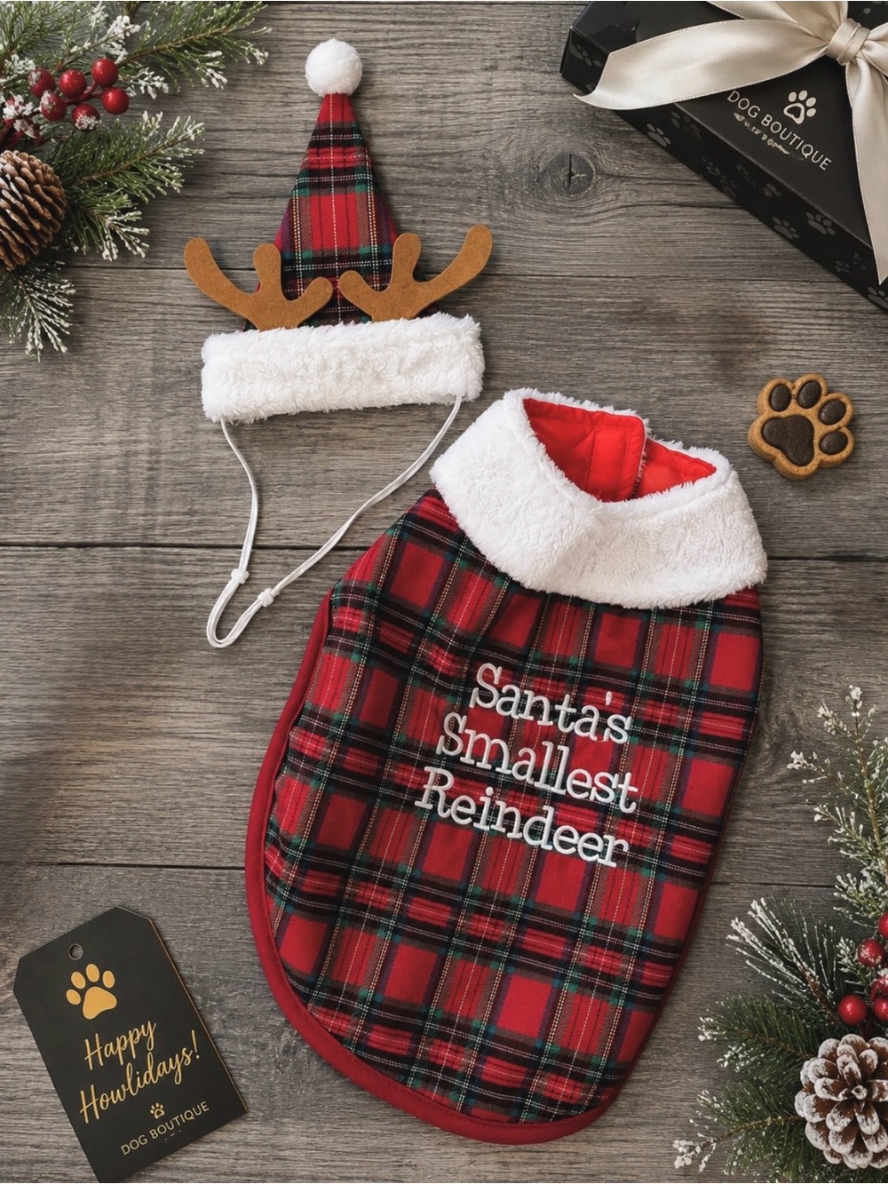 Santa’s Smallest Reindeer Dog Christmas Outfit & Matching Antler Hat | Size: M